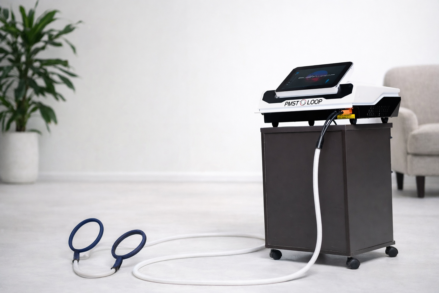 Medical device with a touchscreen monitor, connected to two stethoscopes on the floor, set in a minimalist room with a plant and a sofa.