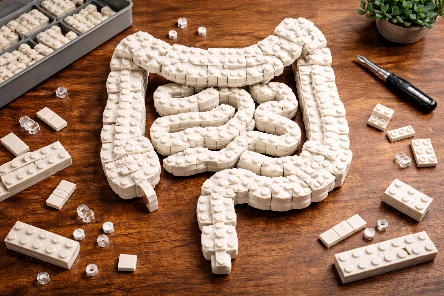 A LEGO brick art of a human intestine on a wooden table with scattered LEGO pieces, a small screwdriver, a gray container, and a potted plant in the background.