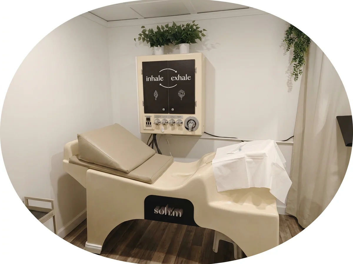 Private colon hydrotherapy bed in a private treatment room at soh:m Toronto