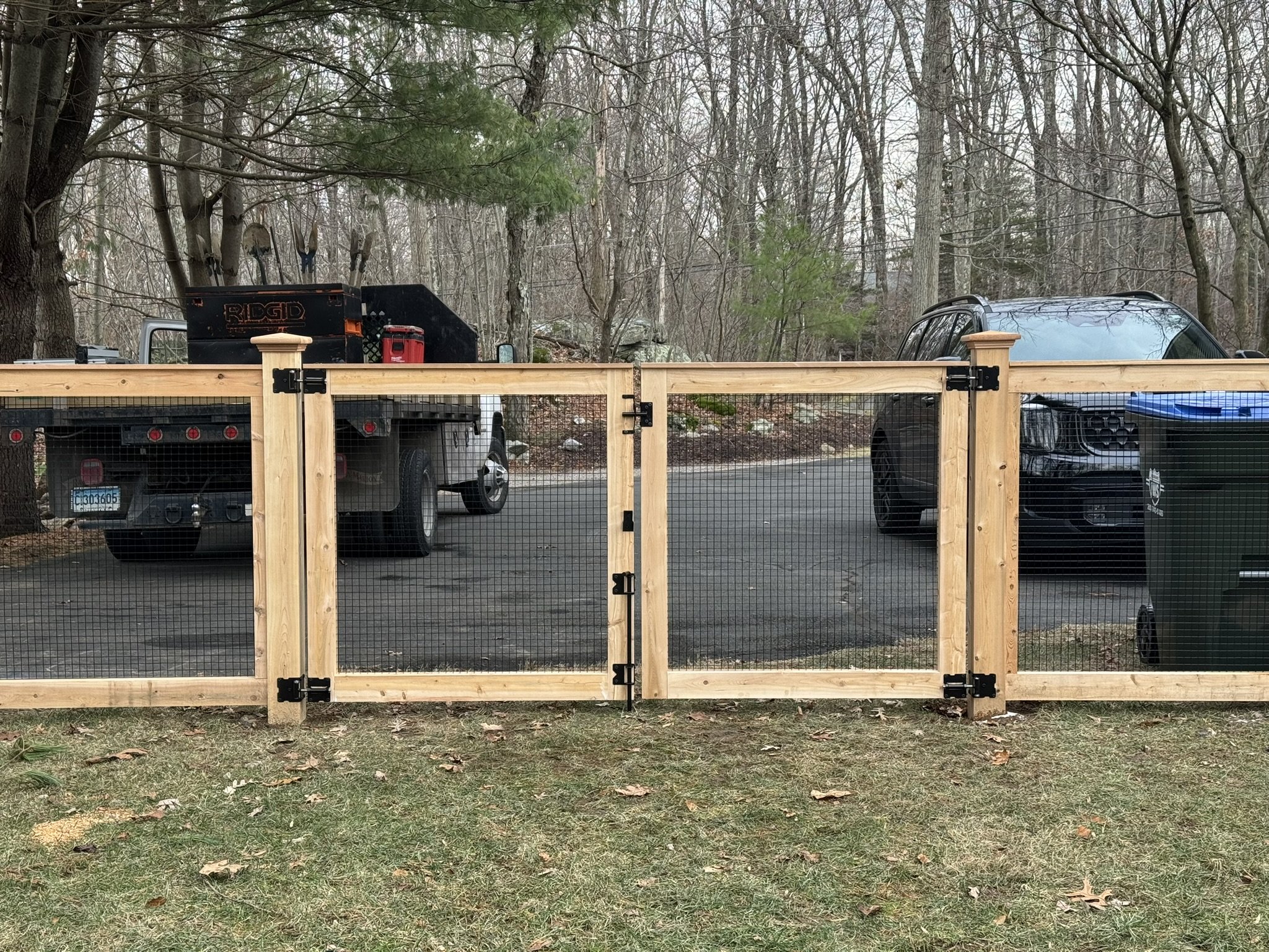 Custom Cedar picture frame gates with welded wire in Newtown CT