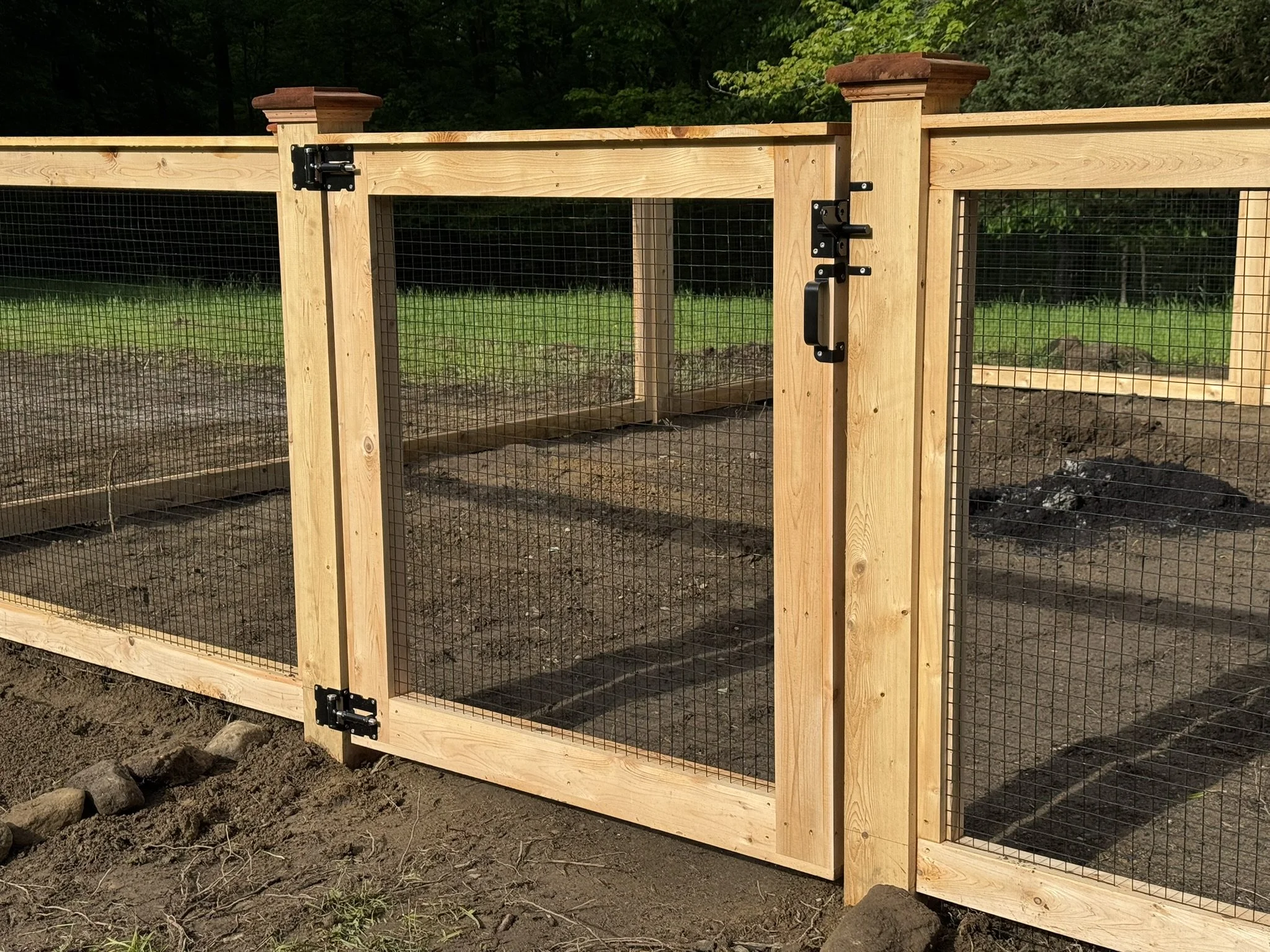 Custom Cedar picture frame gate with welded wire garden enclosure in Ridgefield CT