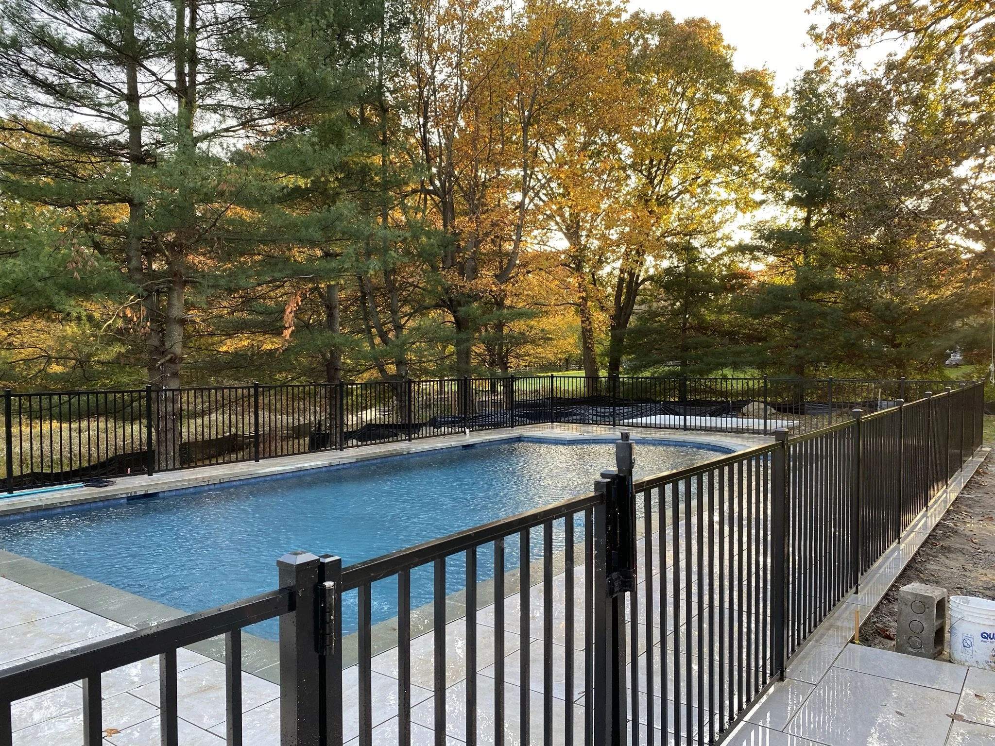 A small rectangular swimming pool surrounded by a black metal fence, with an autumnal forest in the background and sunlight filtering through the trees.