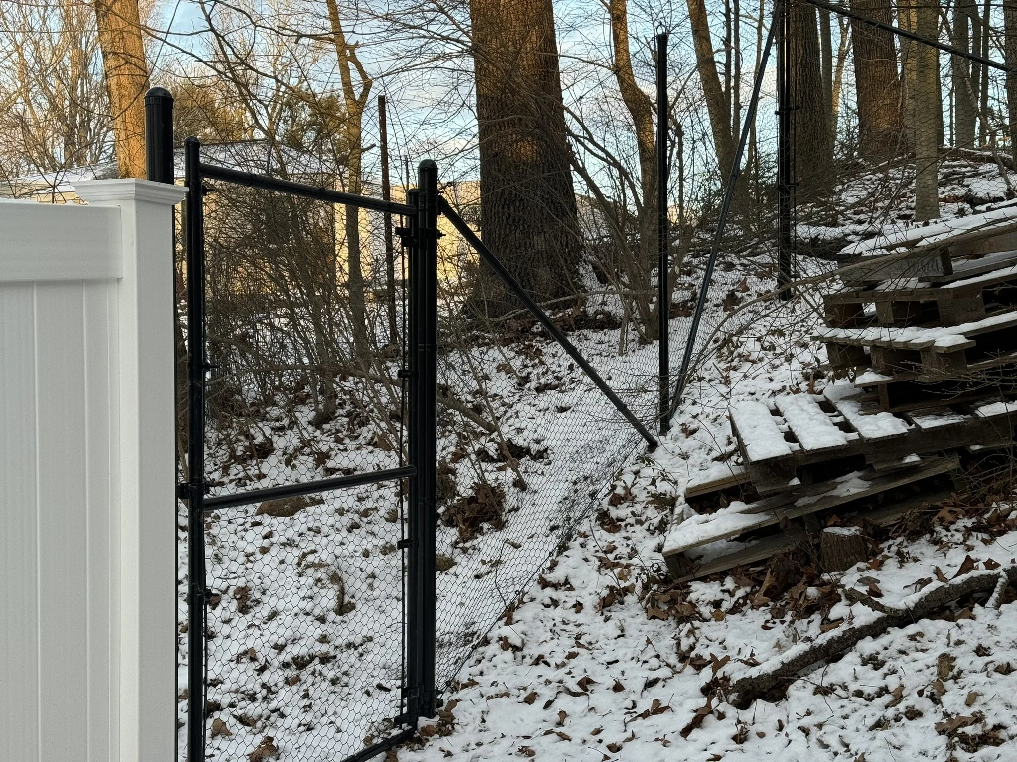 A black metal gate partially open, attached to a white fence, leading onto a snowy, wooded hillside with leafless trees and a pile of wooden pallets leaning against the slope.