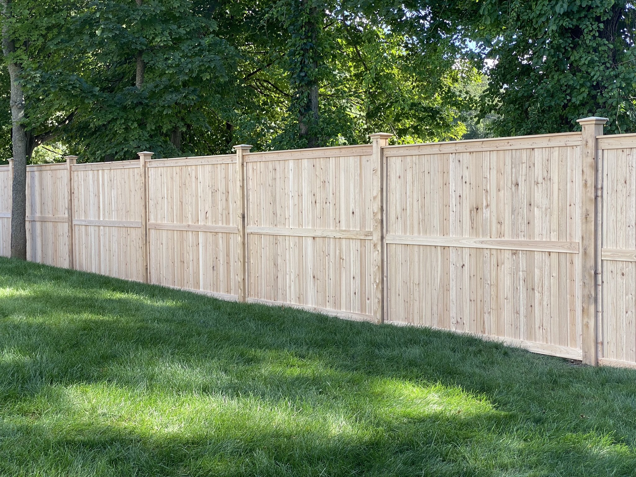 A wooden privacy fence runs along a lush green lawn with trees in the background.