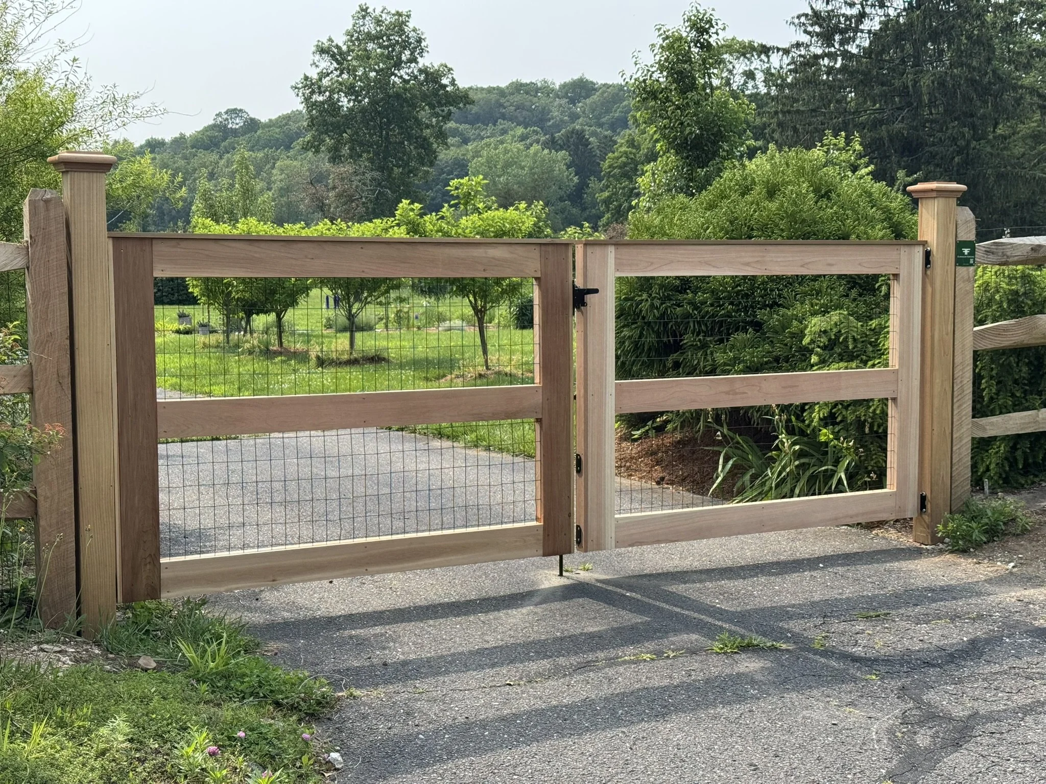 Wooden gate with wire mesh panels at the entrance of a garden or park, surrounded by green trees and bushes, with a paved pathway leading inside.