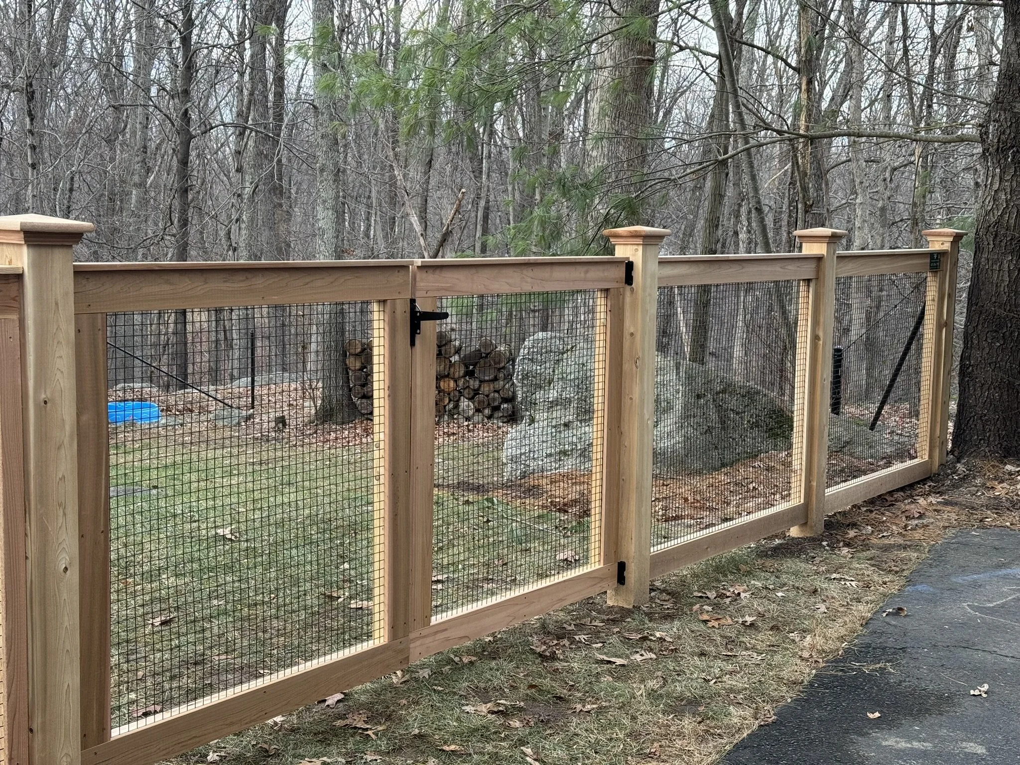 Custom Cedar picture frame gates with welded wire in Newtown CT