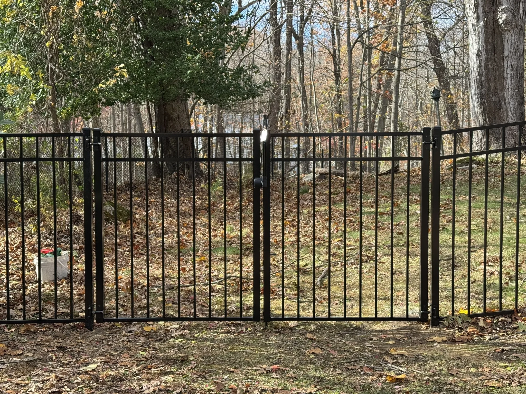 Black metal safety fence gate in a yard with trees and fallen leaves in the background.