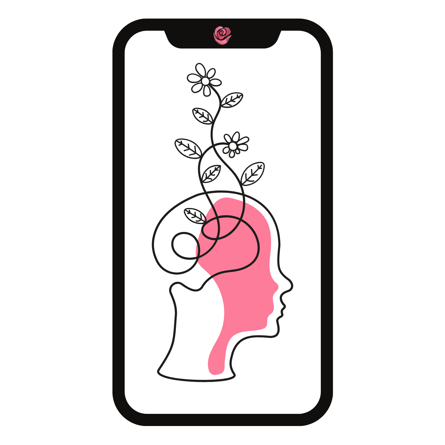 Digital illustration of a woman's profile with a pink side profile and a floral line drawing growing out of her head on a black background.