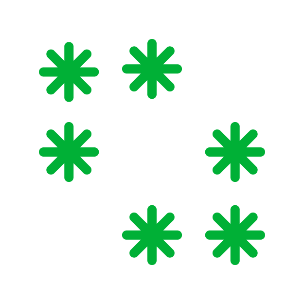 Six green asterisks arranged in a scattered pattern on a white background.