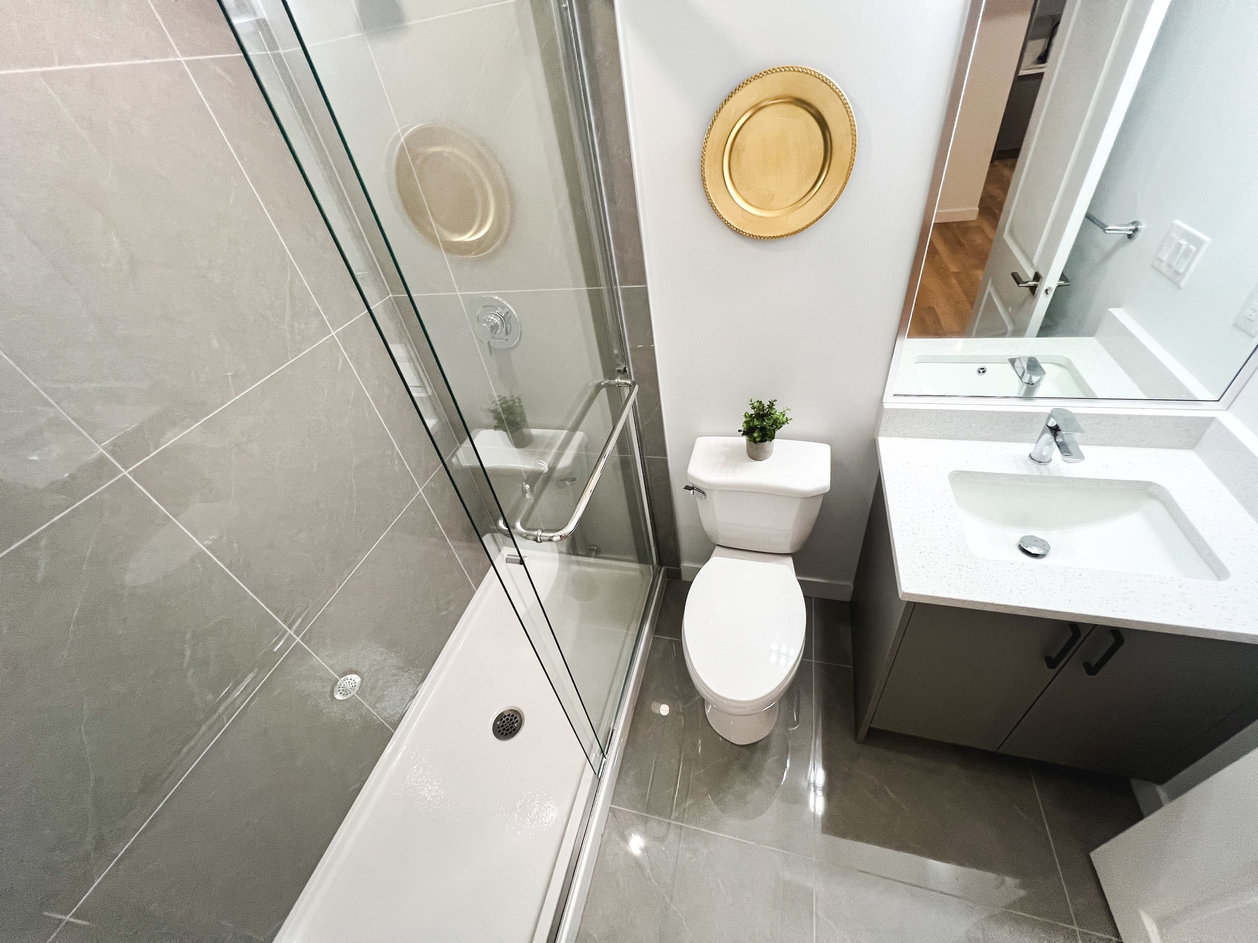 A modern bathroom with a shower enclosed by glass, a white toilet with a small potted plant on top, a gray vanity with a white countertop, and a large mirror above the sink. There's a gold decorative plate on the wall.