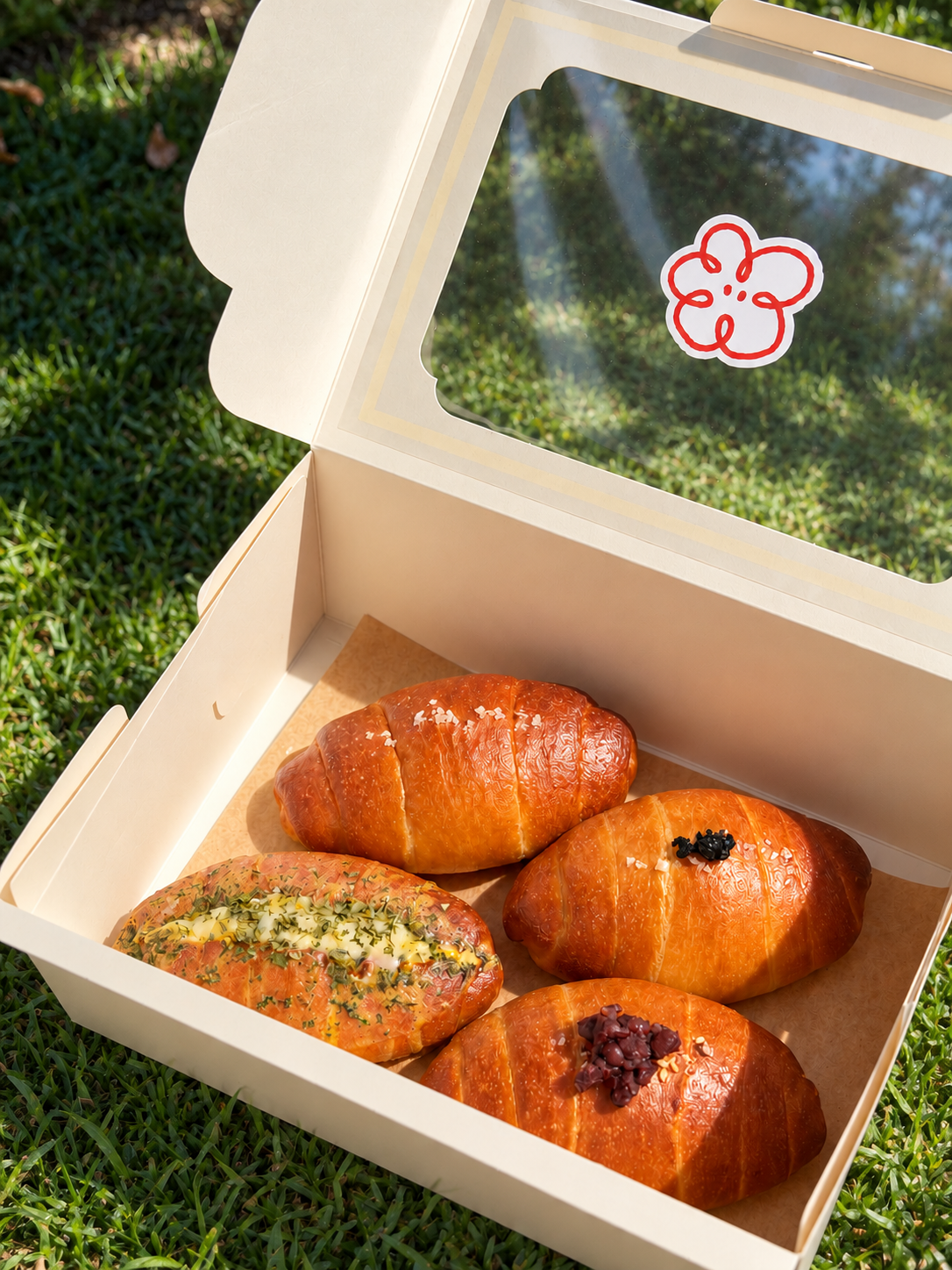 Four golden breads on sunlit grass.png