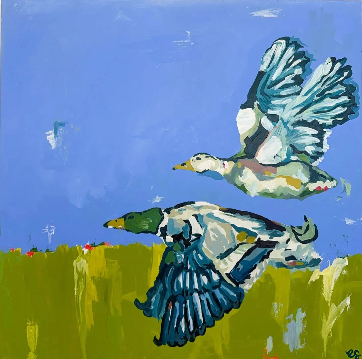 Painting of two ducks flying over green grass field with a clear blue sky in the background.