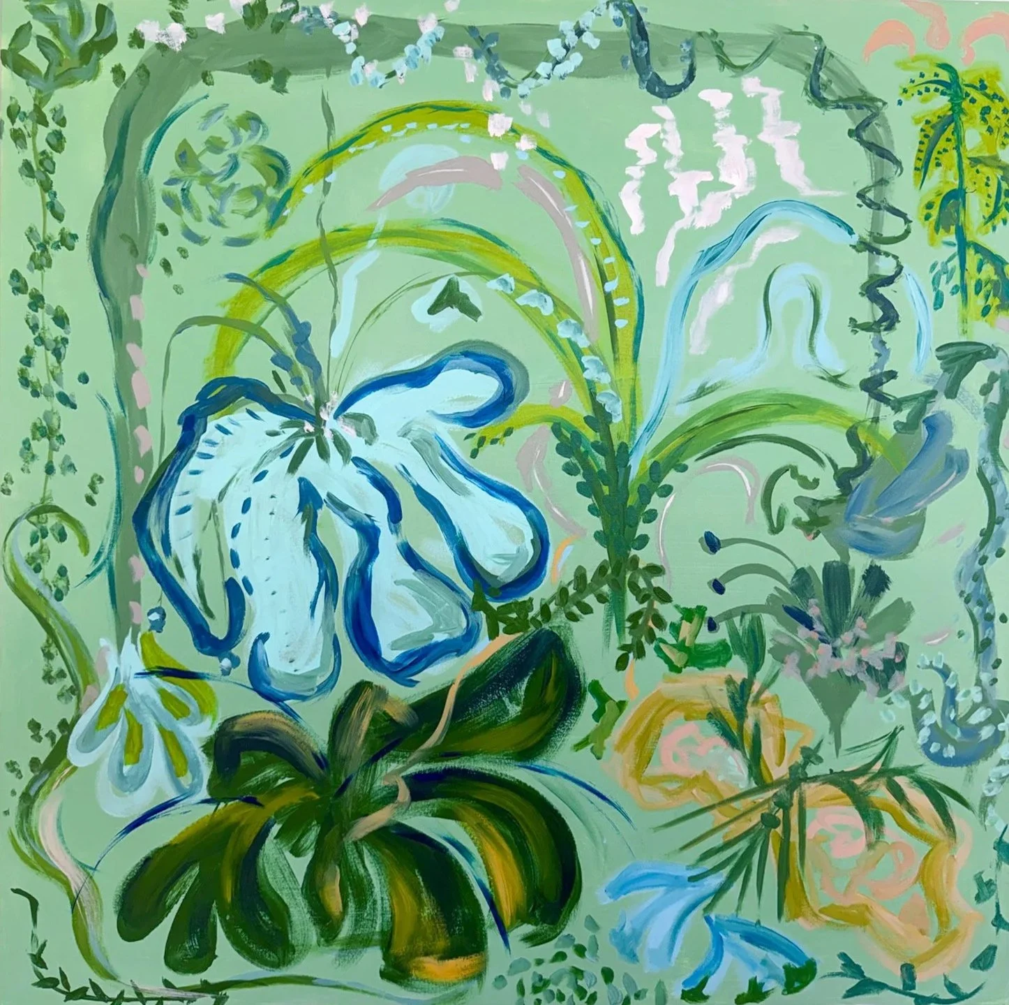 Abstract painting featuring a large white and blue flower in a yellow-green pot, surrounded by green foliage, vines, and plants on a light green background.
