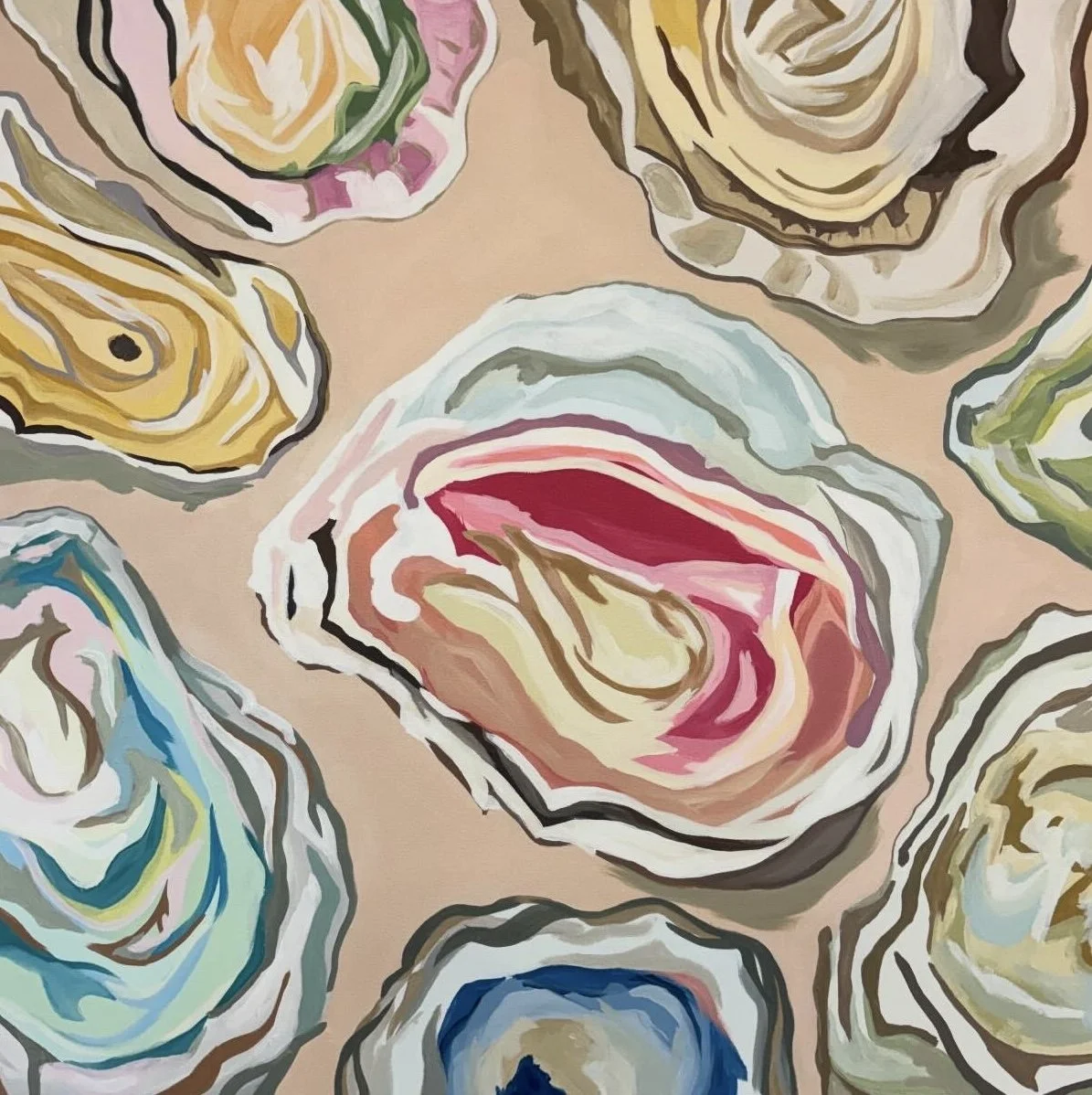 Abstract painting of roses with bold, colorful strokes, featuring various hues like pink, yellow, blue, green, and brown on a beige background.