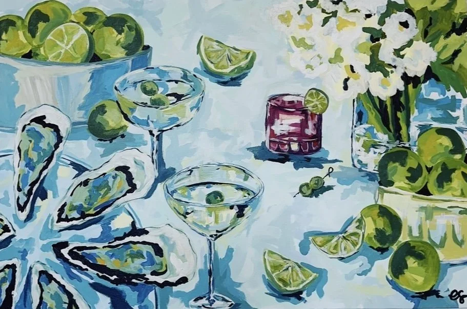 Painting of a still life with limes, lime slices, oysters, cocktails, and flowers on a table