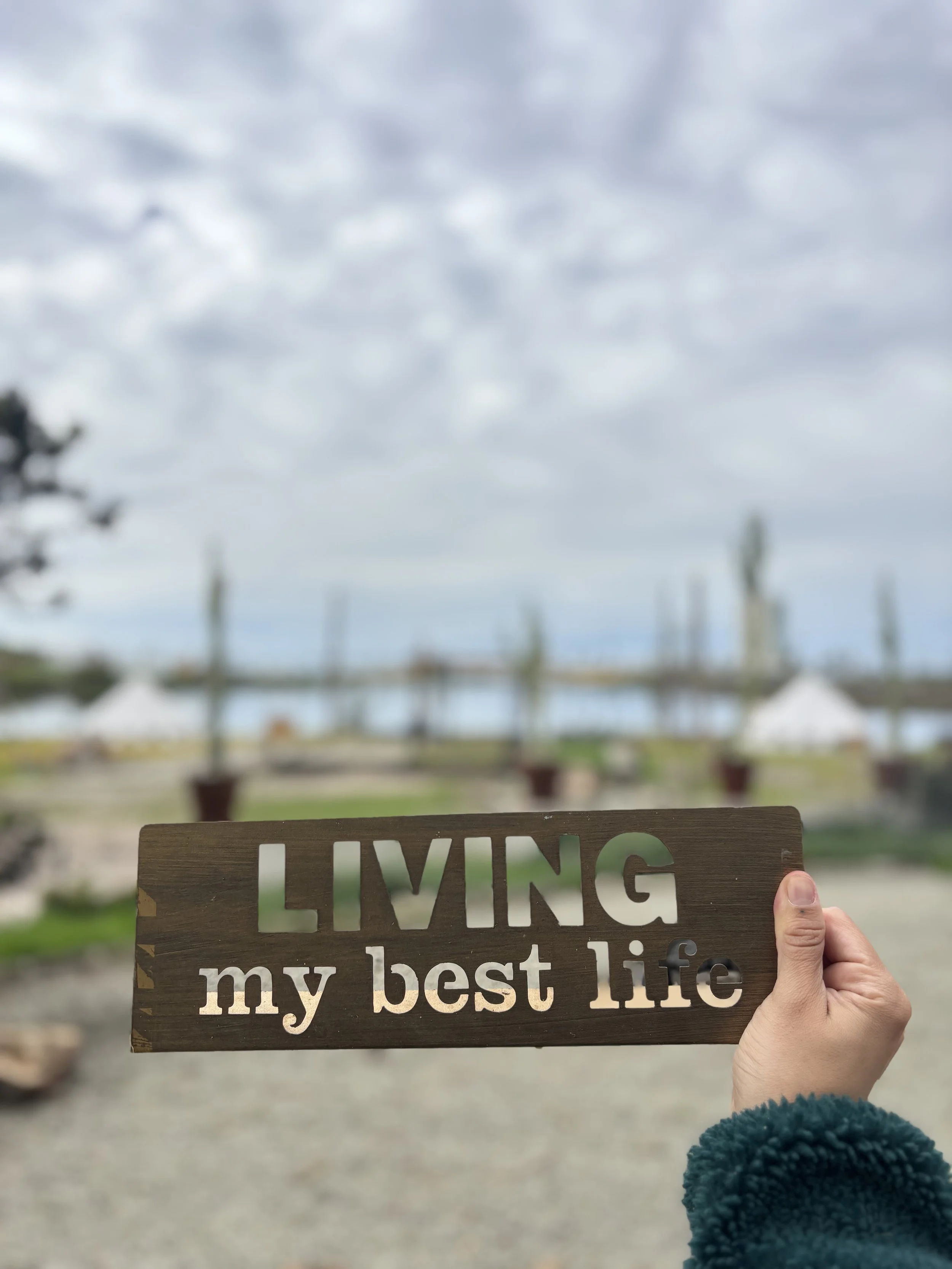 Hand holding a wooden sign that says 'LIVING my best life' outdoors with a cloudy sky and blurred trees and structures in the background.