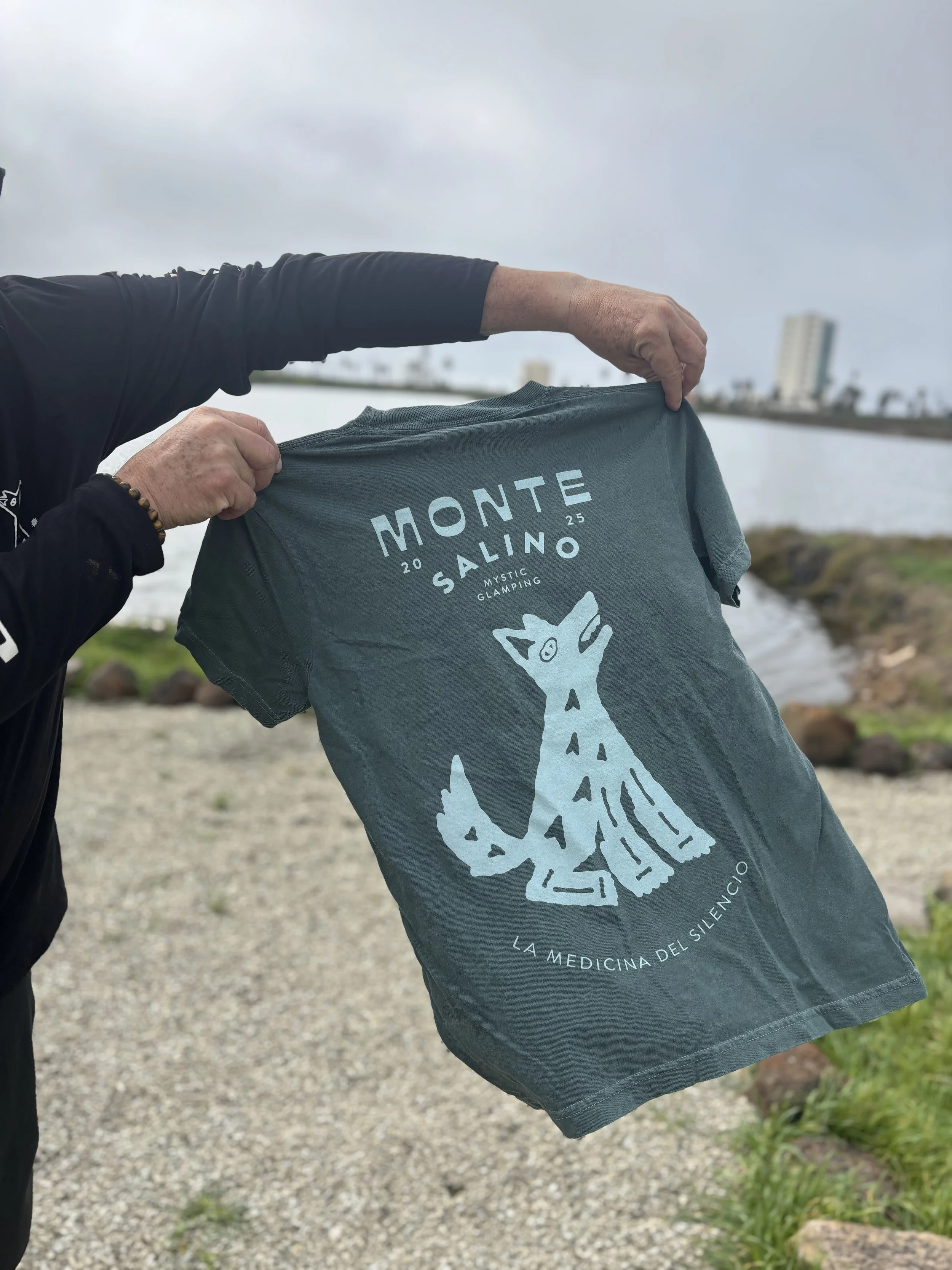 A person holding a teal T-shirt with the logo and text 'Monte Salino 2025 Mystic Glamping La Medicina del Silencio' in an outdoor setting near water and rocks.