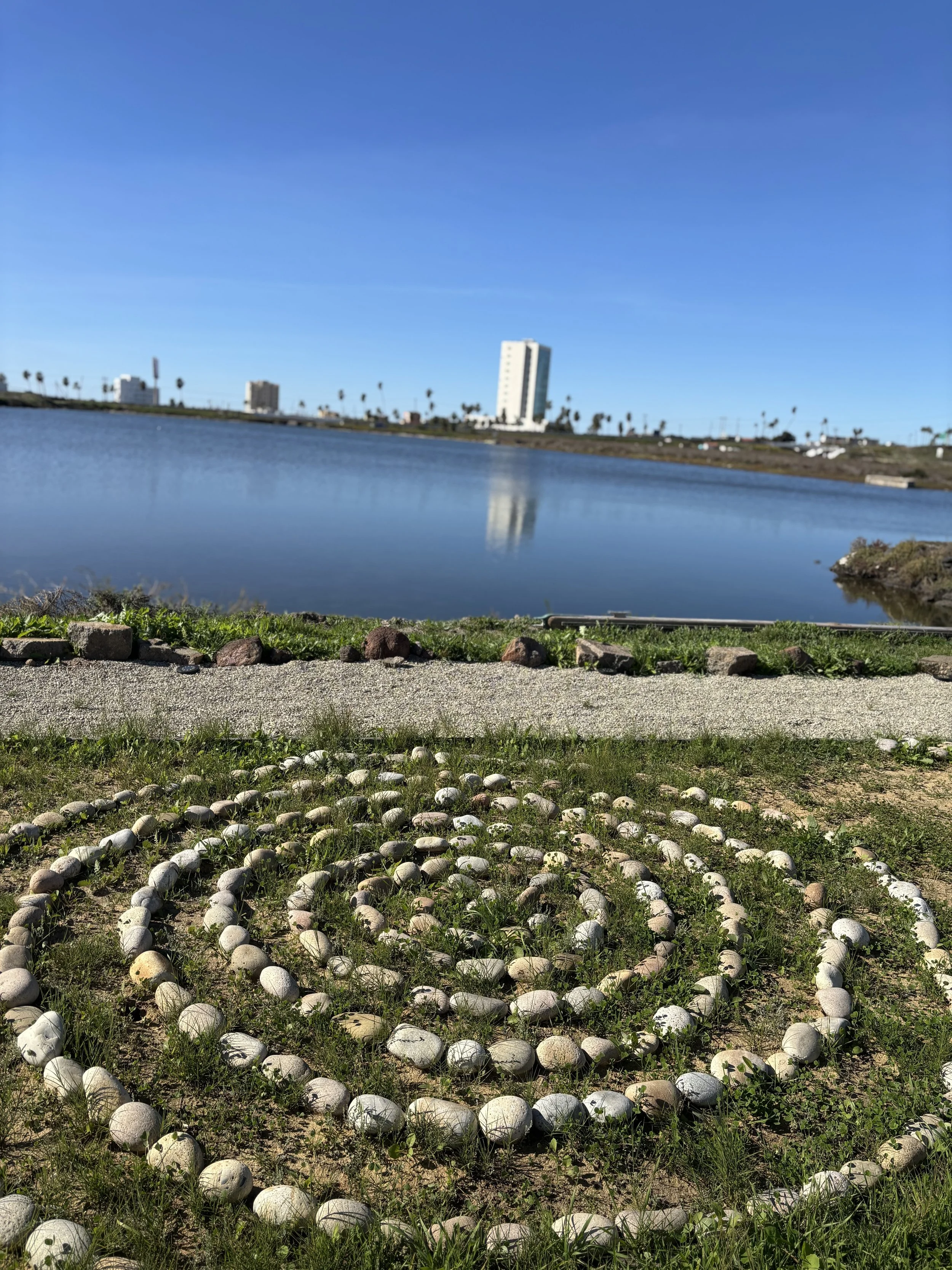 A spiral pattern made from white and beige stones on a grassy area near a body of water.