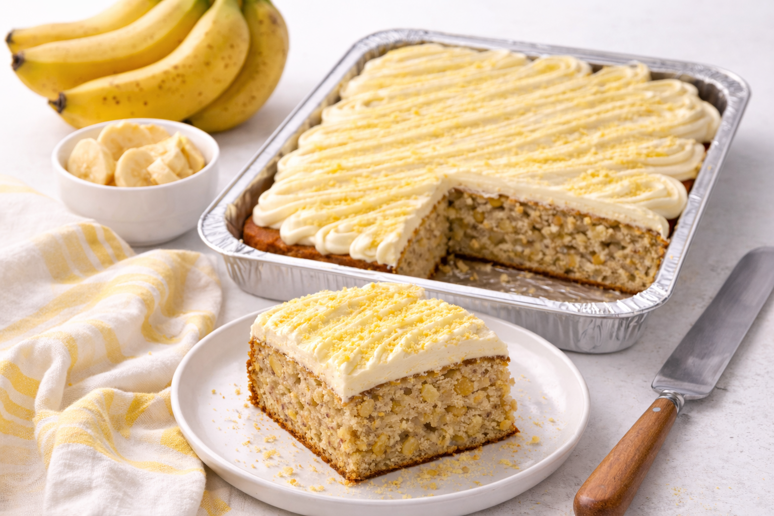 A banana cake with white frosting and chopped bananas on top, with a slice cut out and served on a white plate, placed in front. There are bananas in the background and a small bowl of banana slices. A butter knife with a wooden handle rests beside the plate, and a yellow and white striped cloth is in the foreground.