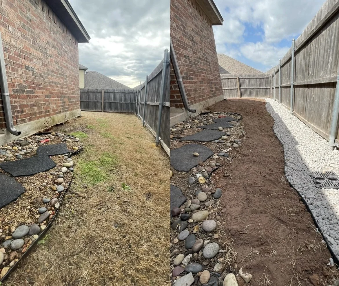 Comparison of a backyard before and after landscaping: the left side shows a grassy, slightly dry yard with some pebbles and stepping stones near a brick house, while the right side shows the yard under renovation with soil, a new rock border, and gr