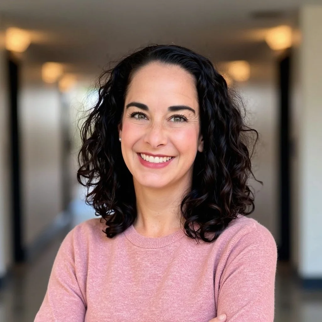 Sarah Durand Lathers wearing a pink sweater standing in a corridor.