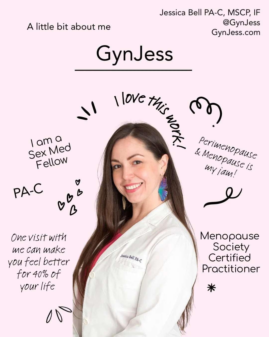 A promotional poster featuring Jessica Bell, a menopause and sexual health practitioner. The poster includes her photo, contact information, and positive messages about her work and her certification, with a light pink background and handwritten notes and doodles.