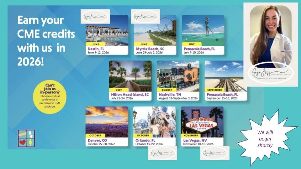 Promotional graphic advertising a series of CME conferences in 2026, with dates, locations, and images of each city, and a portrait of a smiling woman in a white coat in the upper right corner, alongside a message stating 'We will begin shortly'.