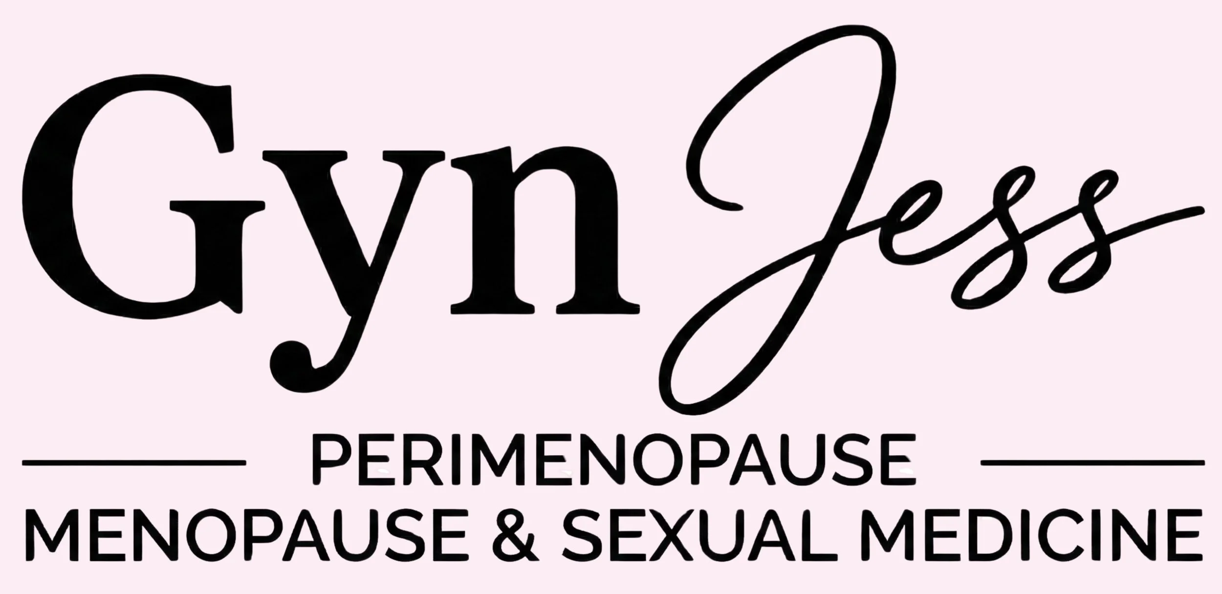 GynJess logo with the words 'PERIMENOPAUSE MENOPAUSE & SEXUAL MEDICINE' on a light pink background.