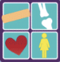 Four icons: a fork and knife, a menstrual cup, a heart, and a female figure.
