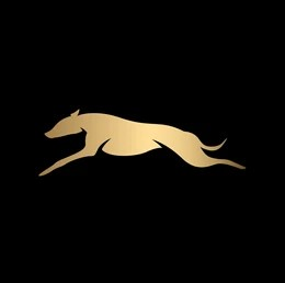 A gold silhouette of a running dog on a black background.