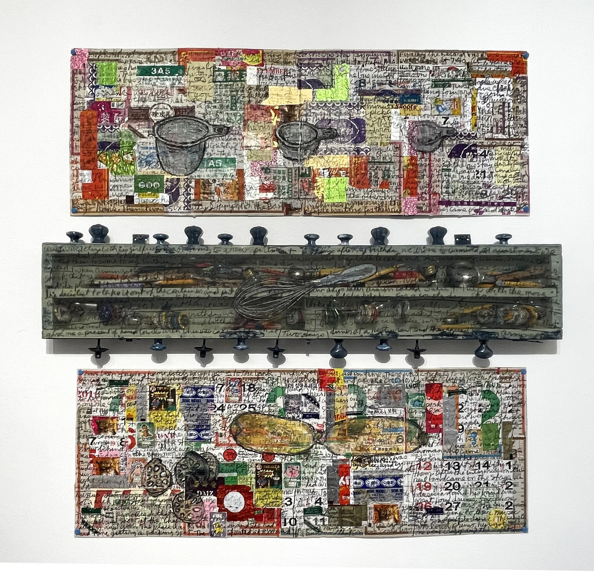 Stan Chan, collage at top is Measuring Cups, box in the middle is Whisk, collage at bottom is Sweet Potatoes
