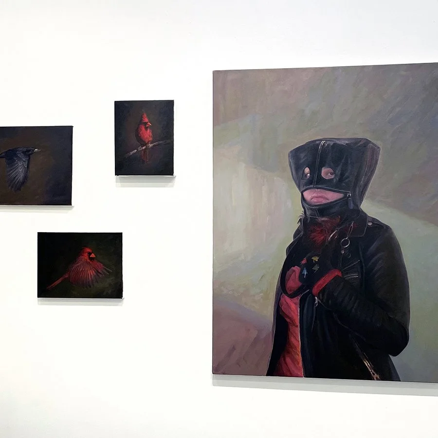 Tamera Avery, My Little Valentine #2, 2024, oil on canvas, 40 x 30, with Raven and Cardinal