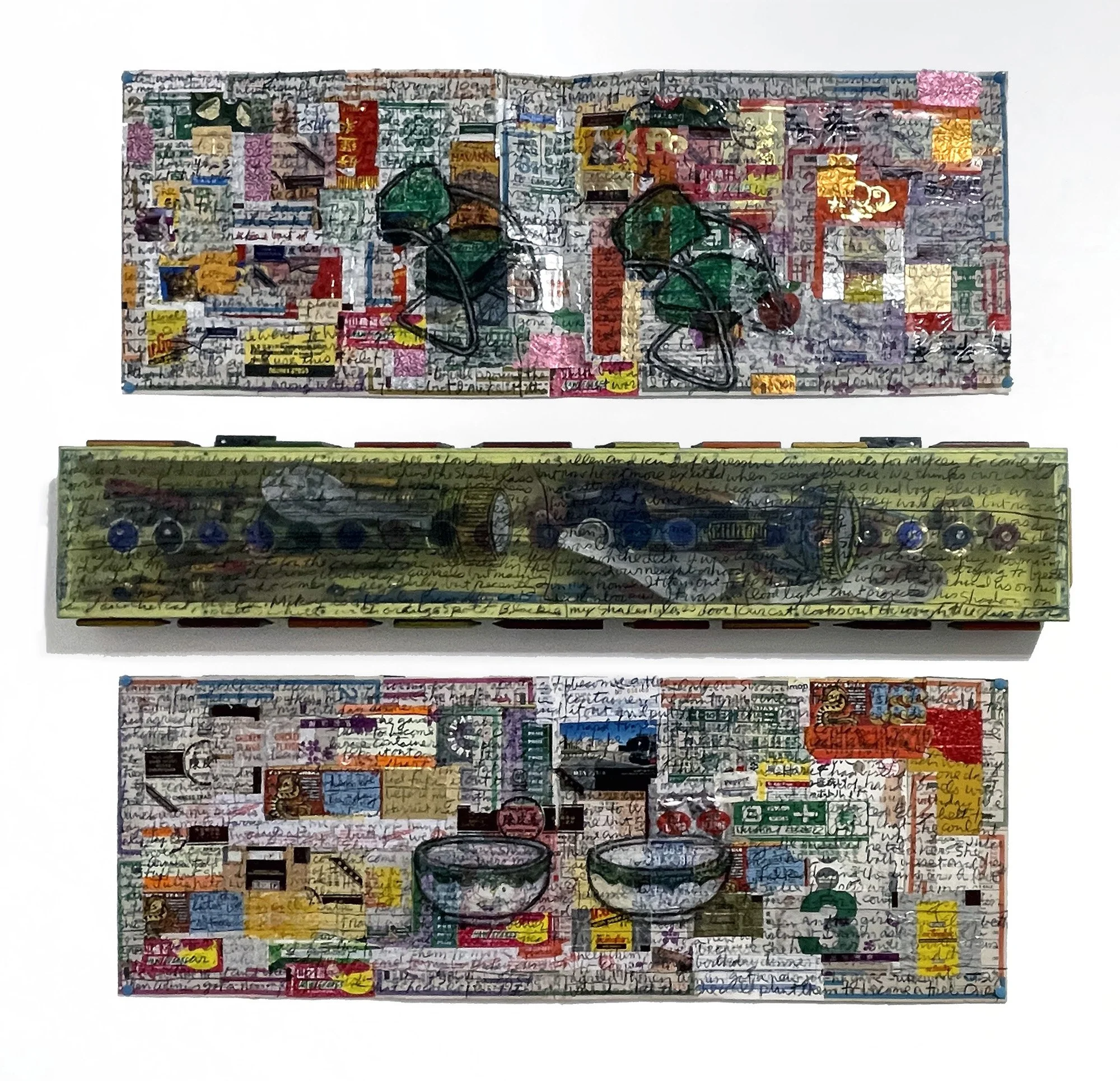 Stan Chan collage Two Chairs at top, box is Carpenter Pencils, bottom collage is Two Bowls