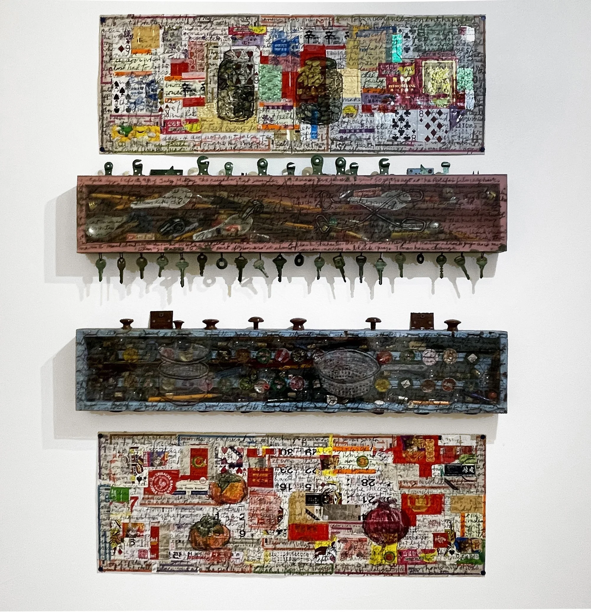 Stan Chan, top, Pickle Jars, box Tong and Whistles, box Strainer and Pot, collage Persimmons