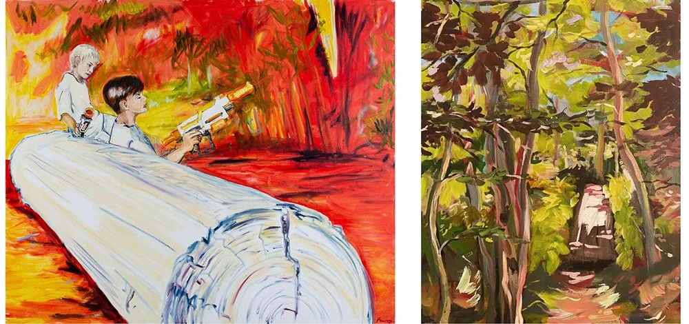 Two abstract landscape paintings side by side. The left painting depicts two children with toy guns, with a fiery red background. The right painting shows a dense forest with tall trees and green foliage, with a structure partially visible among the trees.