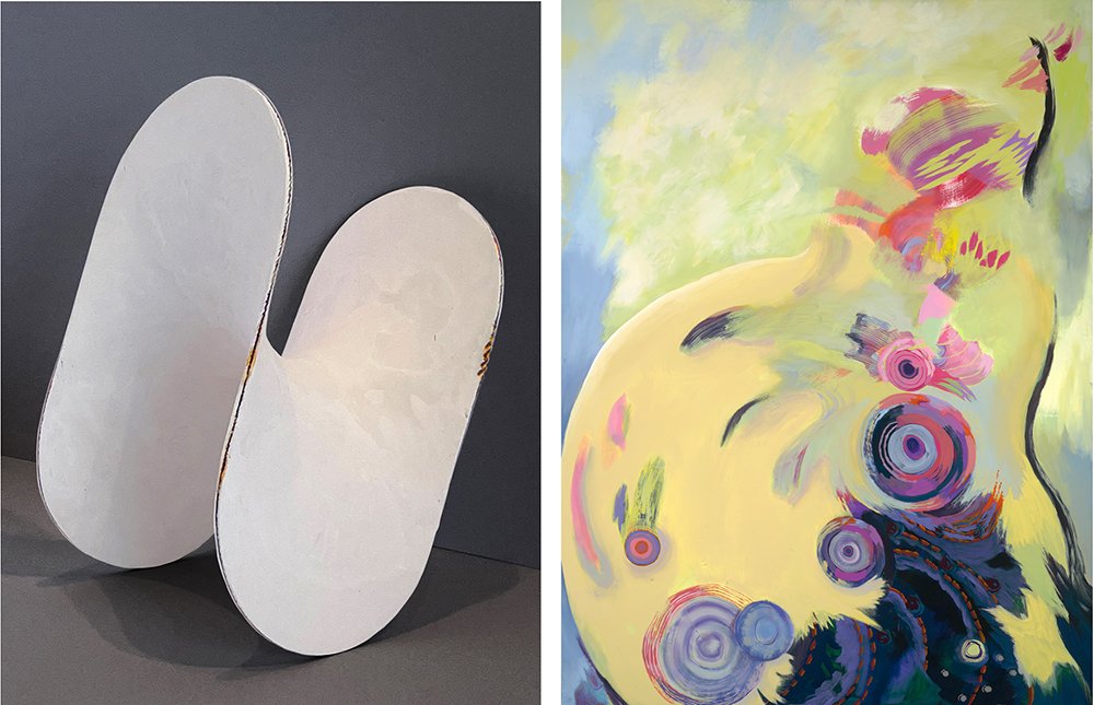 Left side shows two large, white, oval-shaped art pieces leaning against a gray wall. Right side features an abstract painting with swirling patterns in yellow, pink, purple, blue, and black.