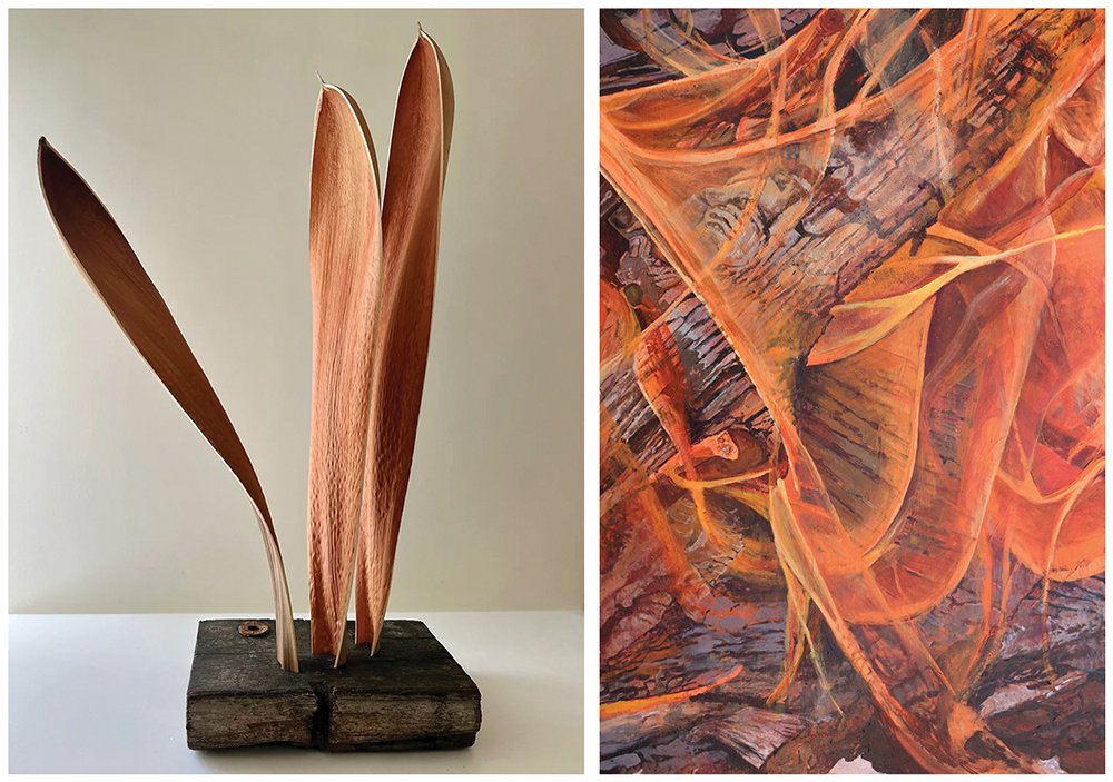 Left image shows a sculptural art piece made of three elongated, curved wooden panels mounted on a wooden base. Right image is an abstract painting with a dominant warm color palette of oranges and browns, featuring swirling and layered brushstrokes.