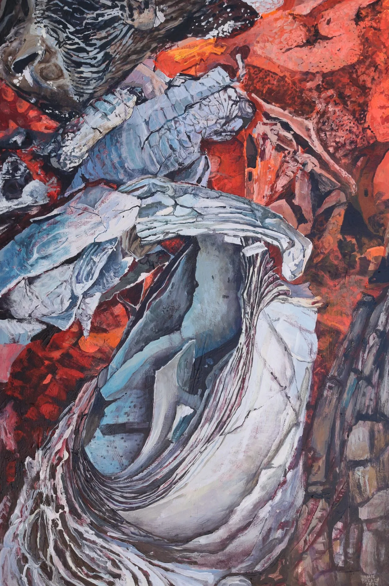 An abstract painting of gray curved forms with a background of red and black hues.