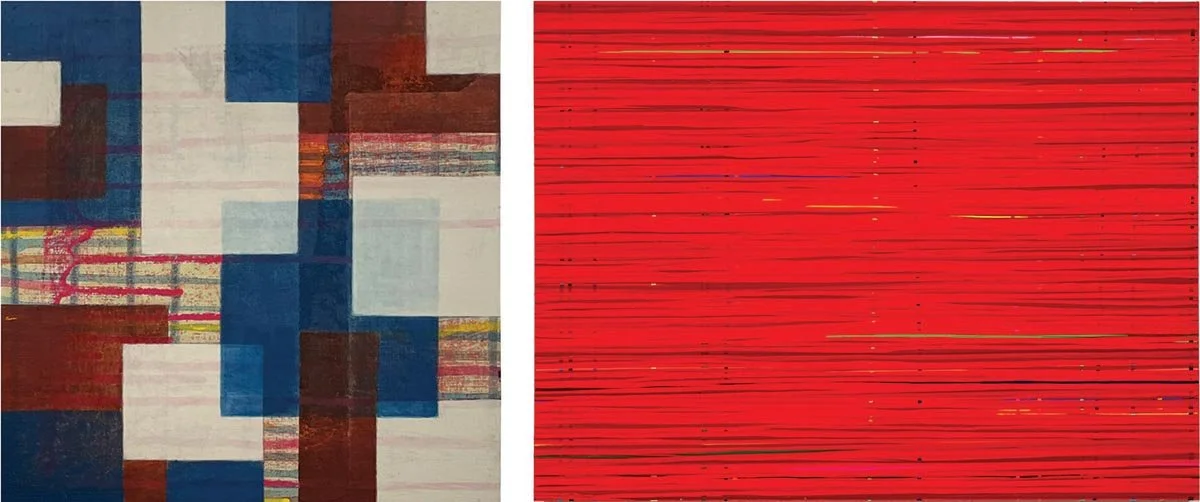 Two abstract paintings side by side, one with a geometric pattern of blue, red, and white squares and rectangles, the other with horizontal red and black lines.
