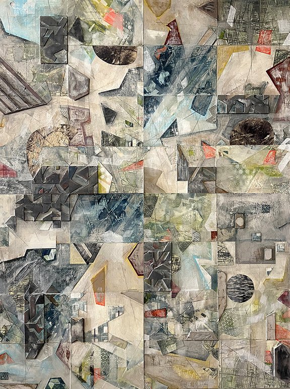 Sandra Welch, Concrete Abstraction, 2023, mixed media on wood panel, 43”w x 57”h 