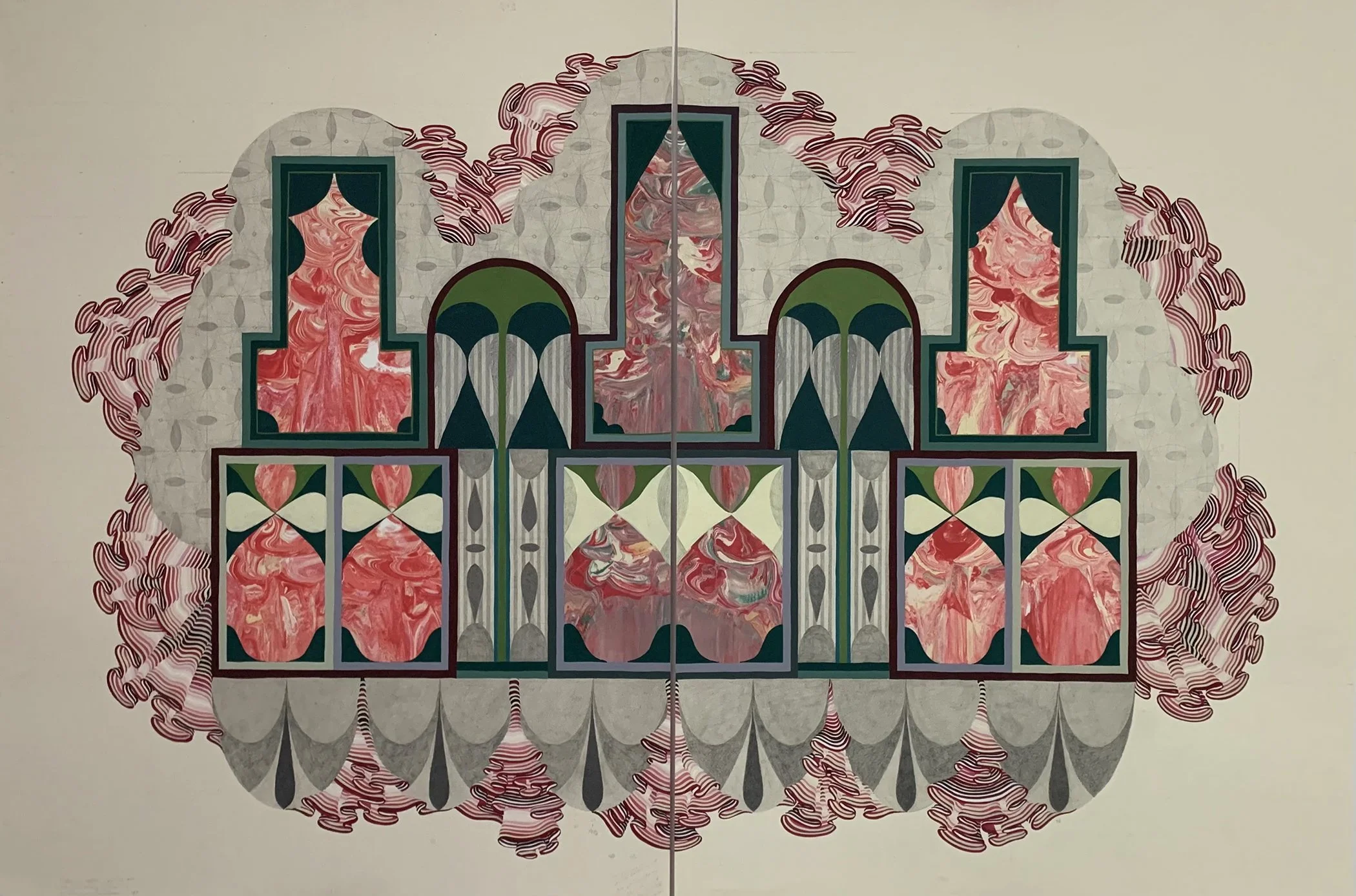 Monica Valdez Harb, "Cathedral in Grey", 2022, graphite, acrylic gouache & screenprint monotype, 30"x44"