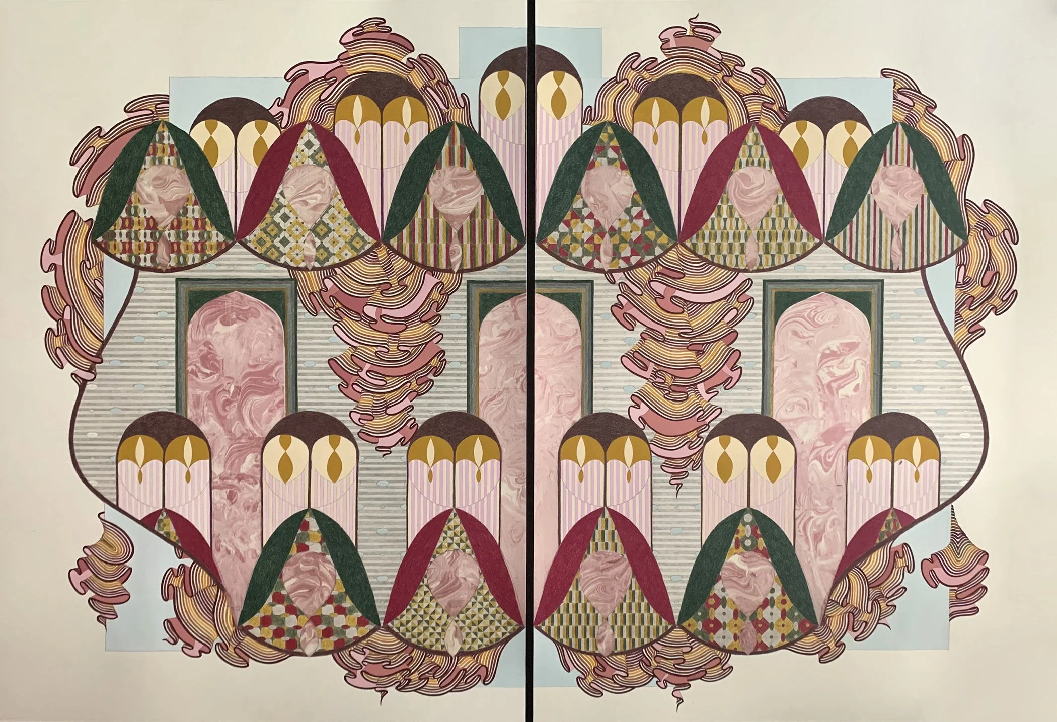 Monica Valdez Harb, "Cathedral in Light Blue," 2023, graphite, acrylic gouache, colored pencil & screenprint monotype, 30"x44"