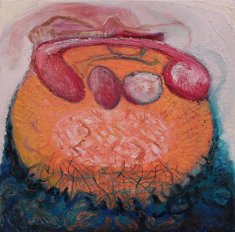 Abstract painting of a bowl of round orange shape with smaller oval shapes on top of it on a textured orange and blue background.