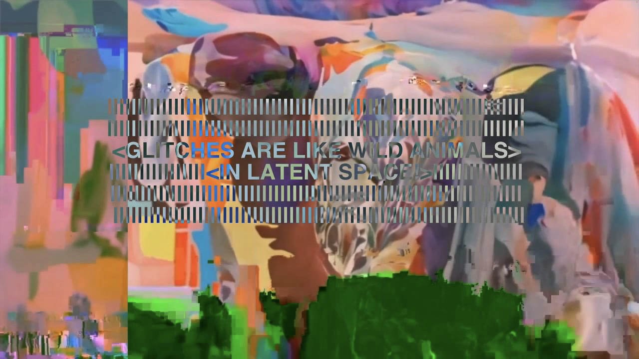 Abstract artwork generated by AI with a colorful background, along with overlaid glitch effects and partially visible text about glitches and space.