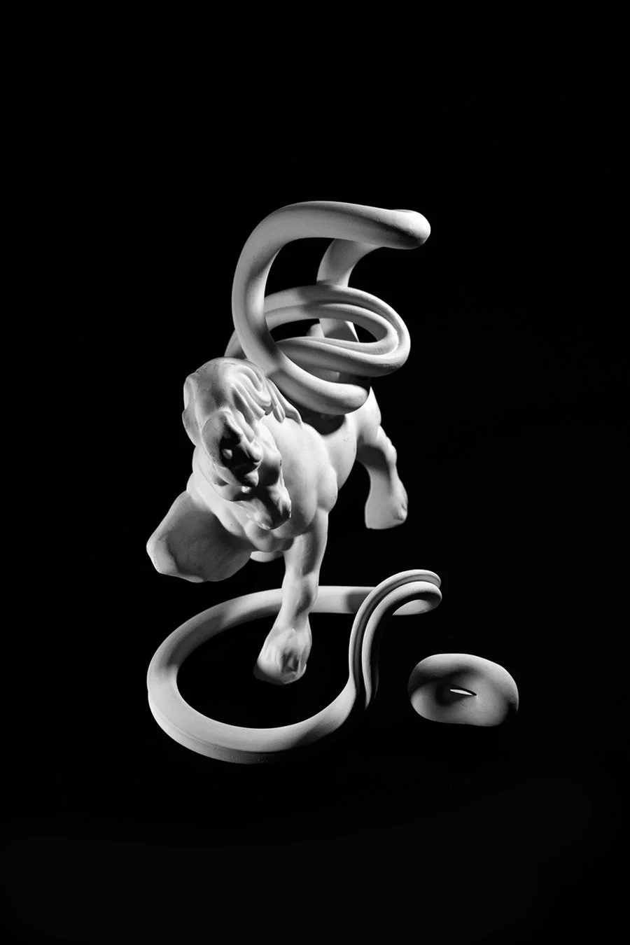 Black and white sculpture combining a muscular horse and abstract swirling shapes.