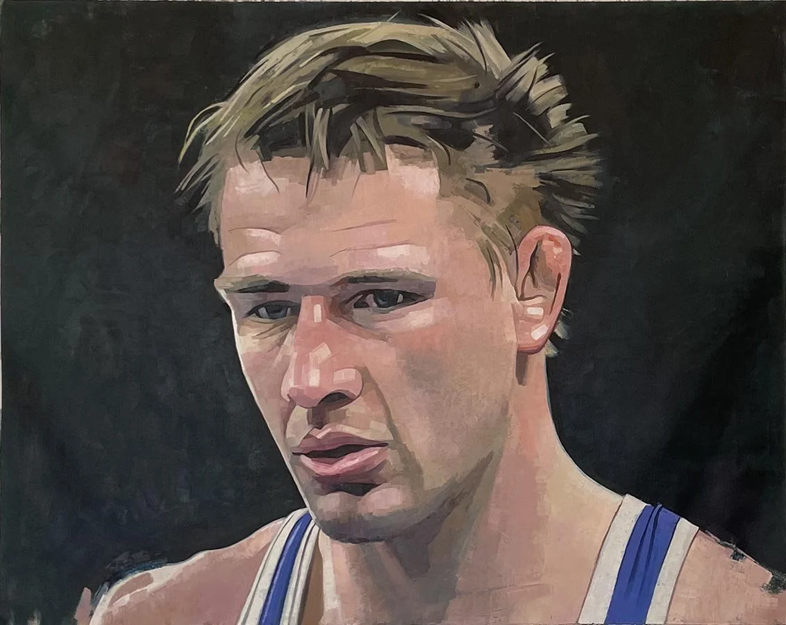 Painting of a man with blond, tousled hair, wearing a tank top with blue and white straps, with a serious expression on his face