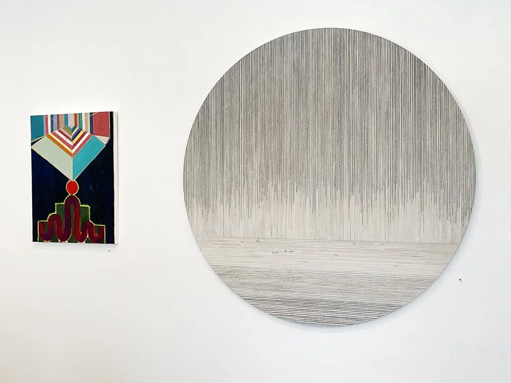 Left: Brandon Larson, Worm and Diamond (Diamond and Worm), 2024, oil on canvas, 24" x 18" ;right, Joni Theodorsen, San Francisco Chronicle at Ocean Beach, 48" diameter