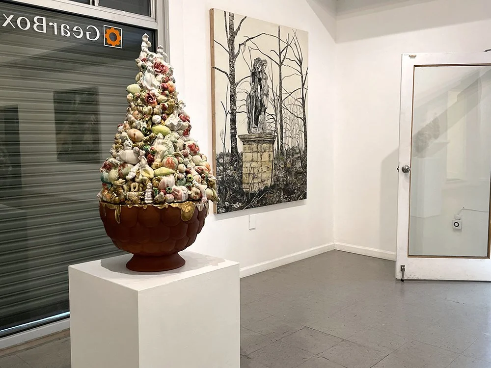 left, Shenny Cruces, Three Sisters, 2021, 43”h x 21’d x 21”w; right, Harry Clewans, Sculpture in the Park in Winter, 2019, 68"x51.5"