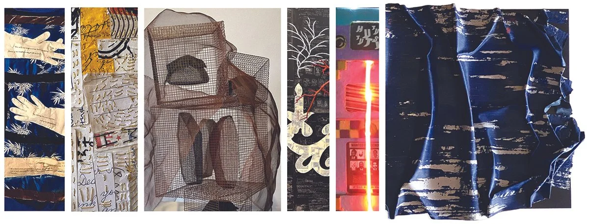 A collage of six images showing various textured and patterned materials, including fabric and mesh, with some objects and designs visible within the materials.
