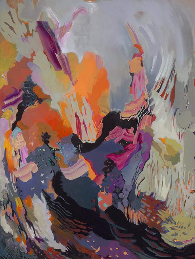 Abstract painting with vibrant colors including orange, pink, purple, black, and gray in a swirling pattern.